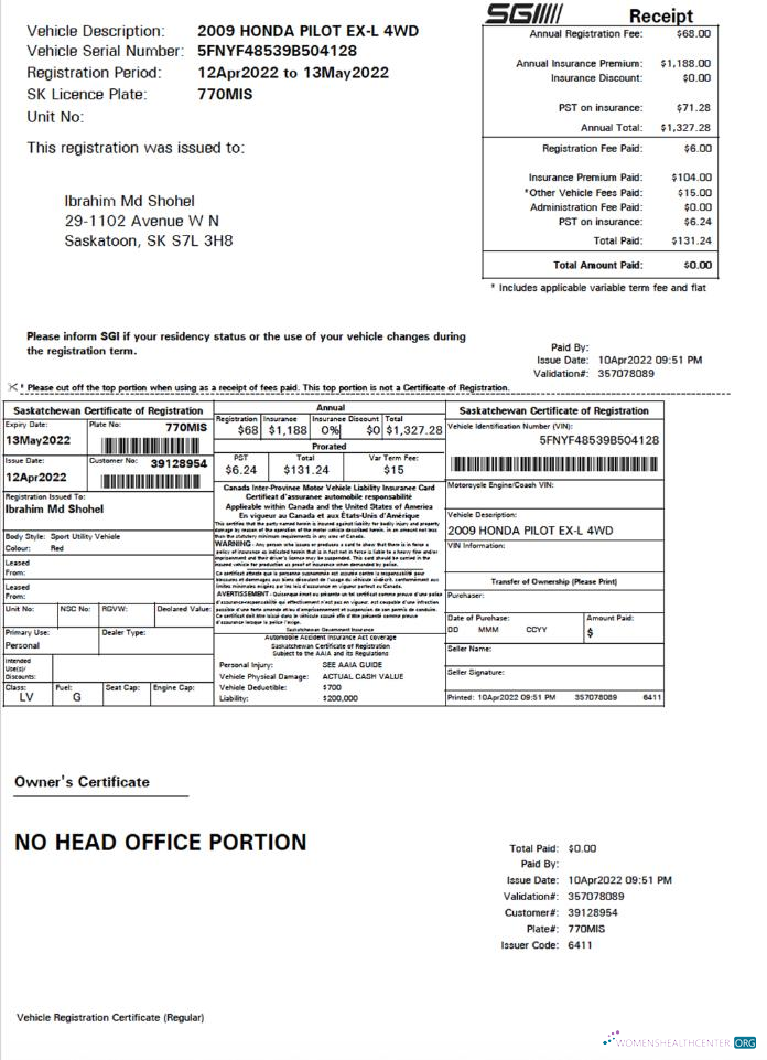Download Canada Saskatchewan certificate of vehicle registration Photoshop template